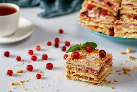 Still life Napoleon cake home baked with cranberries