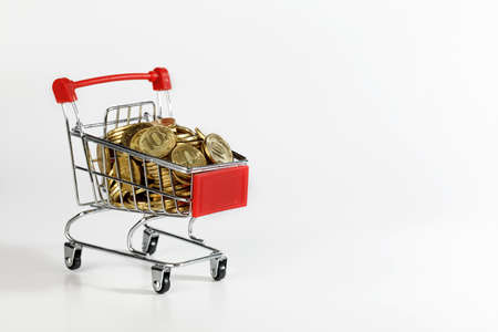 An empty supermarket cart with red inserts on a white background with coins. Shopping.の写真素材