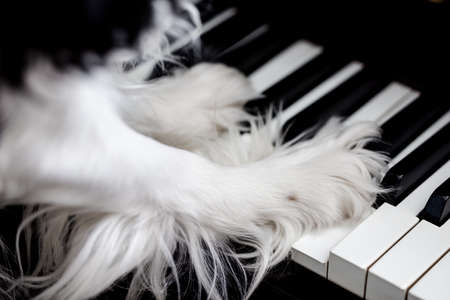 The paw of a spaniel dog on the piano keys at home. Cute dog concept.