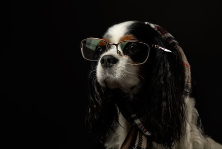 PORTRAIT OF A CUTE CAVALIER SPANIEL WEARING BLACK GLASSES. ISOLATES STUDIO SHOT AGAINST BLACK BACKGROUND.の写真素材