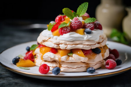 Traditional homemade Pavlova meringue cake with fresh berries and fruits, selective focusの素材