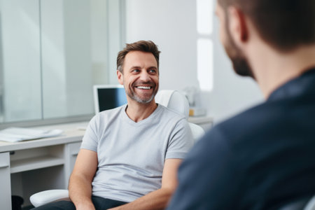 Smiling european man with a mustache at a doctor's consultation in a hospital in support of men's health and movember global community on the backgroundの素材