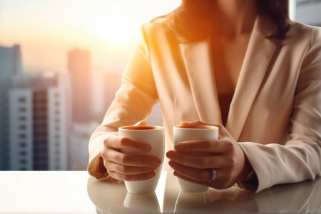 Woman in a suit brings cups of coffee to a business morning meeting in an office overlooking skyscrapers on backgroundの素材