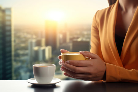 Woman in a suit drinks coffee at a business morning meeting in an office overlooking skyscrapers on backgroundの素材