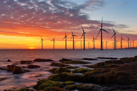 Offshore wind farm are part of renewable and clean energy in evening ocean and coast background.の素材