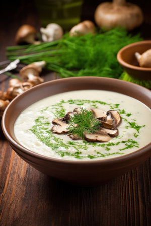 Closeup of mushroom cream soup puree with ingredients on a wood background, copy space.の素材