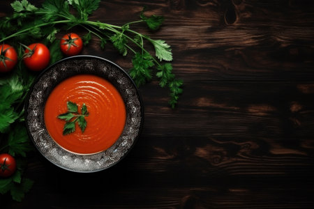 Top view of tomato soup puree in black bowl with ingredients on a wood background, copy space.の素材