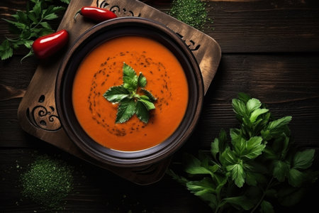 Bowl of tomato soup puree in black bowl with ingredients on a wood background, top view, copy space.の素材