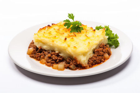 A plate of fresh baked cottage Shepherds traditional pie with greens isolated on white backgroundの素材