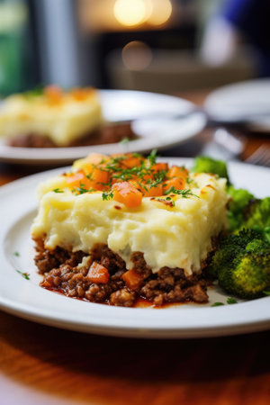 A plateof fresh baked cottage Shepherd's traditional pie with vegetables on a restaurant table.の素材