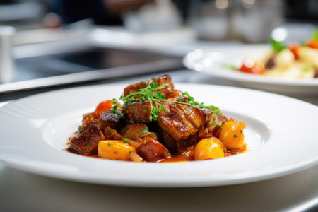 Classical ragout, goulash or stew with meat and vegetable served with greens in restaurant.の素材