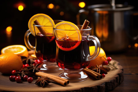 Two glasses of traditional Christmas mulled wine or grog with spices and citrus on background.の素材