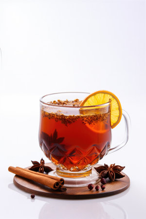 Glass of hot Christmas winter punch with copy space on the white background.の素材