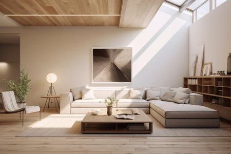 Large living area with modern desing as a lot of natural light, space and wood around .の素材
