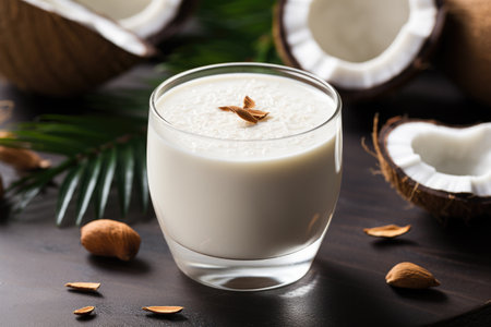 Closeup of Coquito or Puerto Rican Eggnog traditional Christmas drink with coconut milk.の素材