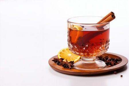 Glass of hot Christmas winter punch with spices and copy space on the white background.の素材