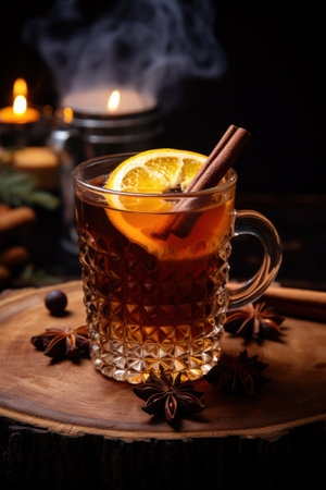 Glass of wassail or Christmas winter punch with spices and citrus with lights on background.の素材