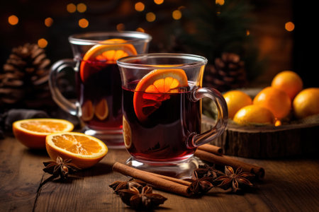 Closeup of glasses of traditional Christmas mulled wine or grog with spices and citrus on background.の素材