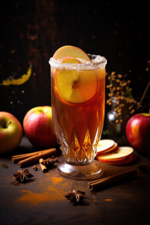 Glass of hot wassail or Christmas winter punch with spices and apples on the dark background.の素材