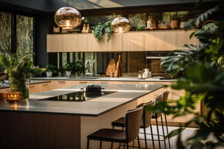 Biophilic modern kitchen space with a lot of plants and greens in desing interior.の素材