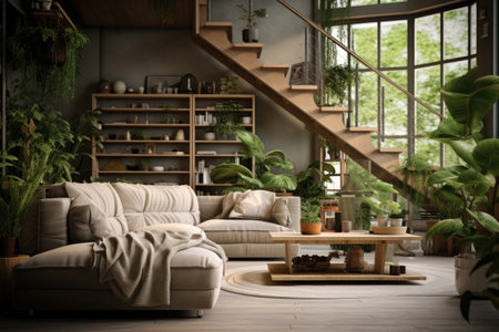 Modern interior of living space with biophilic design elements as a lot of plants and nature around.の素材