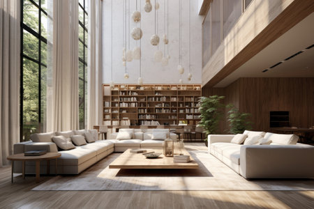 Large living area with modern desing as a lot of natural light, space and greens around.の素材