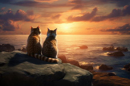 Two romantic cats in love watching the sunset on the sea. Concept of Valentines Dayの素材