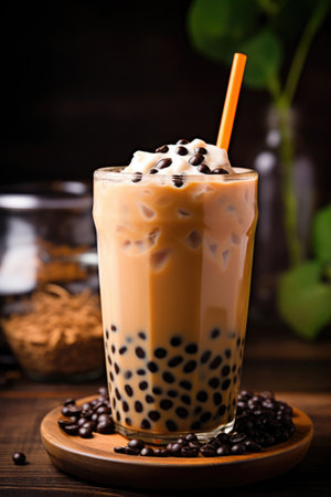 Glass of coffee bubble tea or Taiwan milk tea with bubbles with coffee beans on wood backgroundの素材