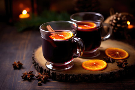 Two glasses of christmas mulled wine or grog with spaces and lights on background.の素材
