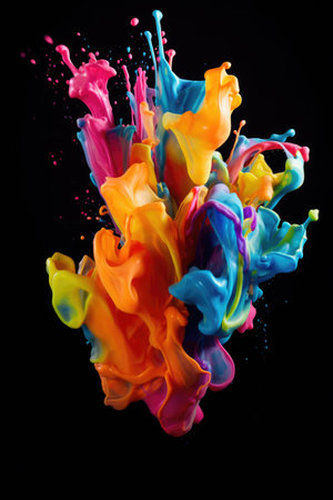 Colored liquid explosion. Abstract closeup splash on black backdrop. Festival of Colors Holi symbol.の素材