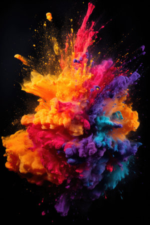Colorful rainbow Holi paint color powder explosion on dark background. Festival of Colors concept.の素材