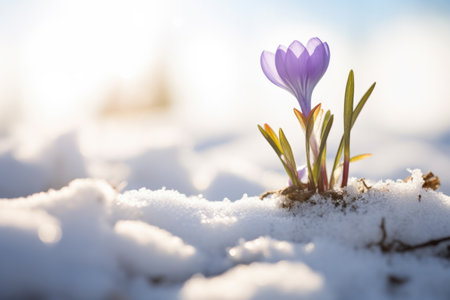 Snowdrop first blue crocus flowers, spring saffron snow shooting from ground level on a sunny day.の素材