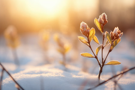 A spring flower bud on a plant enduring the snow and ice, new growth in the morning light.の素材