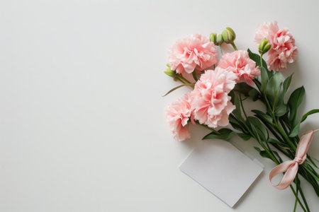 Mothers Day concept. Top view photo of flowers and card isolated on white background with copyspaceの素材