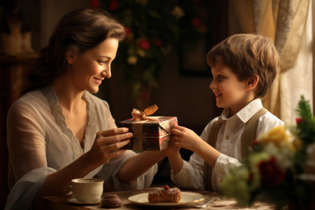 Child son congratulates mom with Mothers day and gives a present. Family holiday and togethernessの素材