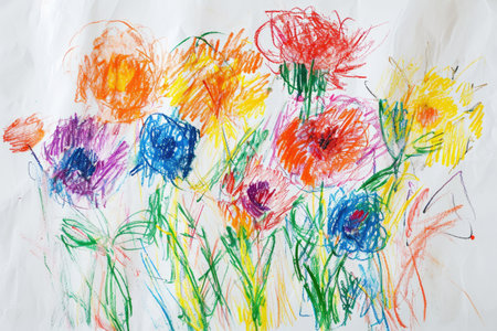 A child handmade drawing of flowers, scribble artwork on Mothers Dayの素材