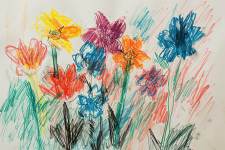 A little childs drawing of a bouquet of flowers as a Mothers Day present or cardの素材