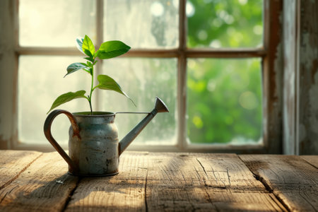 A plant sprouting from a watering can on a wooden table in sunlight, spring concept, copy space.の素材