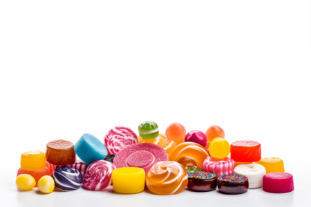 Colorful lollipops and different colored round candies with copy space for text isolated on white.の素材