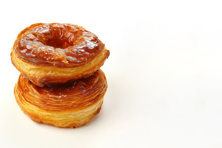 Stack of trendy delicious backed glassed dessert cronuts isolated on white background with copy space.の素材
