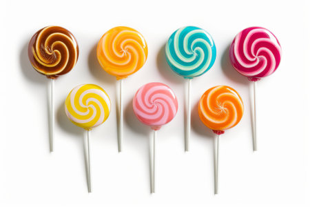 Mix of multicolored various lollipops sweet candy isolated on white background.の素材
