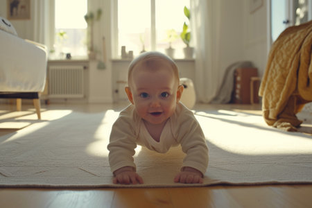 Smiling blond European toddler baby trying to crawl on the floor in sunny scandinavian interior.の素材