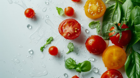 Fresh organic tomatoes banner with water drops isolated on white background with copy space.の素材