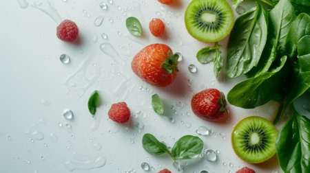 Healthy food nutrition concept of vegetables, fruits and greens on white top view, copy space.の素材