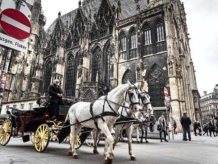 Vienna, Austria - November 1, 2018 - A horse-drawn carriage passing under the St. Stephens Cathedral in Vienna. Poeple are walking around to go shopping and visit the cityのeditorial素材