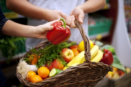 Basket filled healthy foodの写真素材