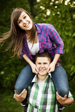 Young couple in forestの写真素材