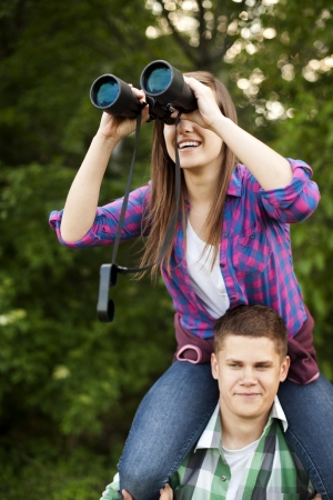 Young couple in forestの写真素材