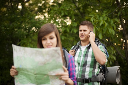 Young couple in forestの写真素材
