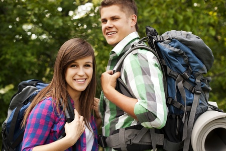 Hikers in forestの写真素材